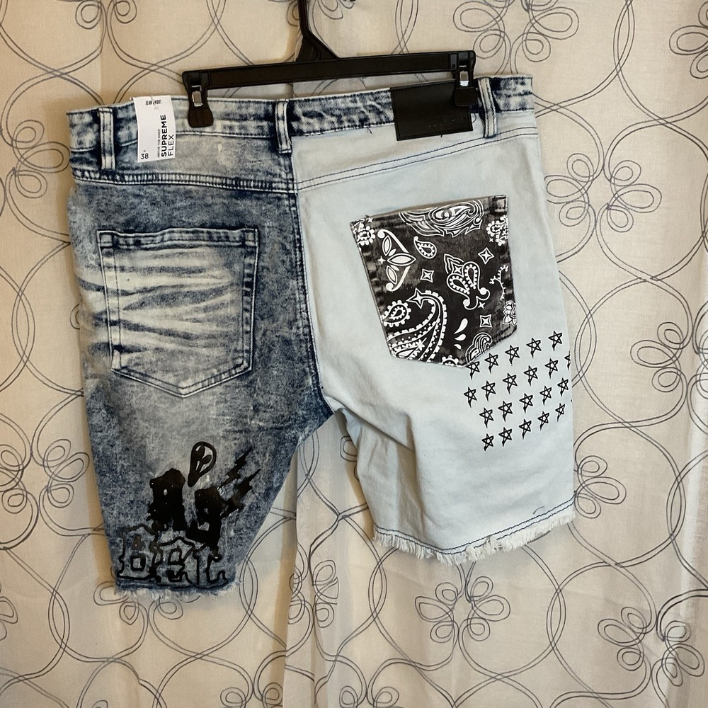 Rue 21 Premium Denim Mens Jean Shorts Patchwork Supreme Flex Graffiti Size 30 - Picture 2 of 7
